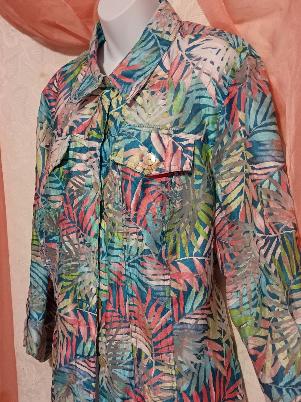 Ruby Rd. Multicolor Tropical Print/Sheer Button Down Shirt - Picture 4 of 8